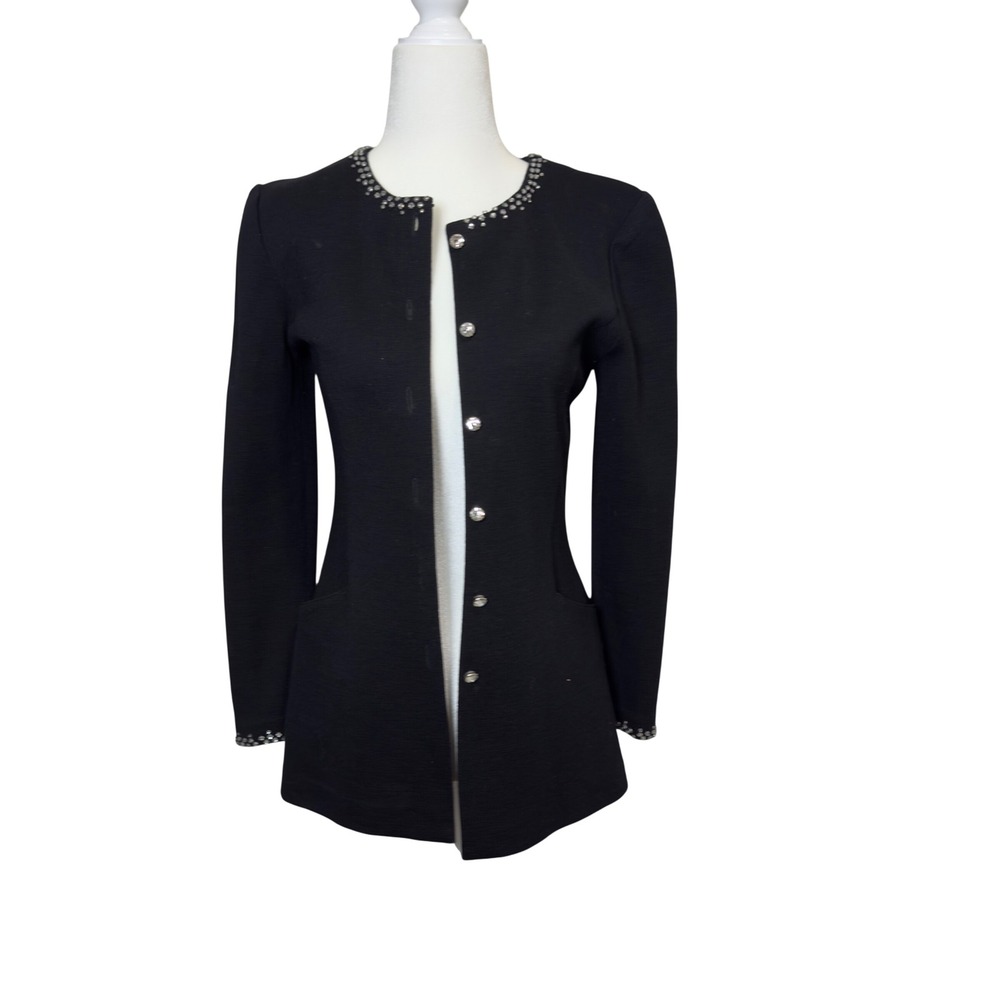 Vintage‎ Adrienne Vittadini Black Wool Blend Rhinestone Long Cardigan Jacket